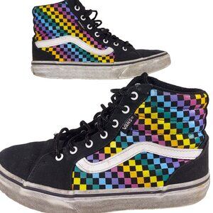 Vans Sk8 Hi Sneakers Shoes Black Rainbow Checkerboard Missy Youth Size 3 Lace Up
